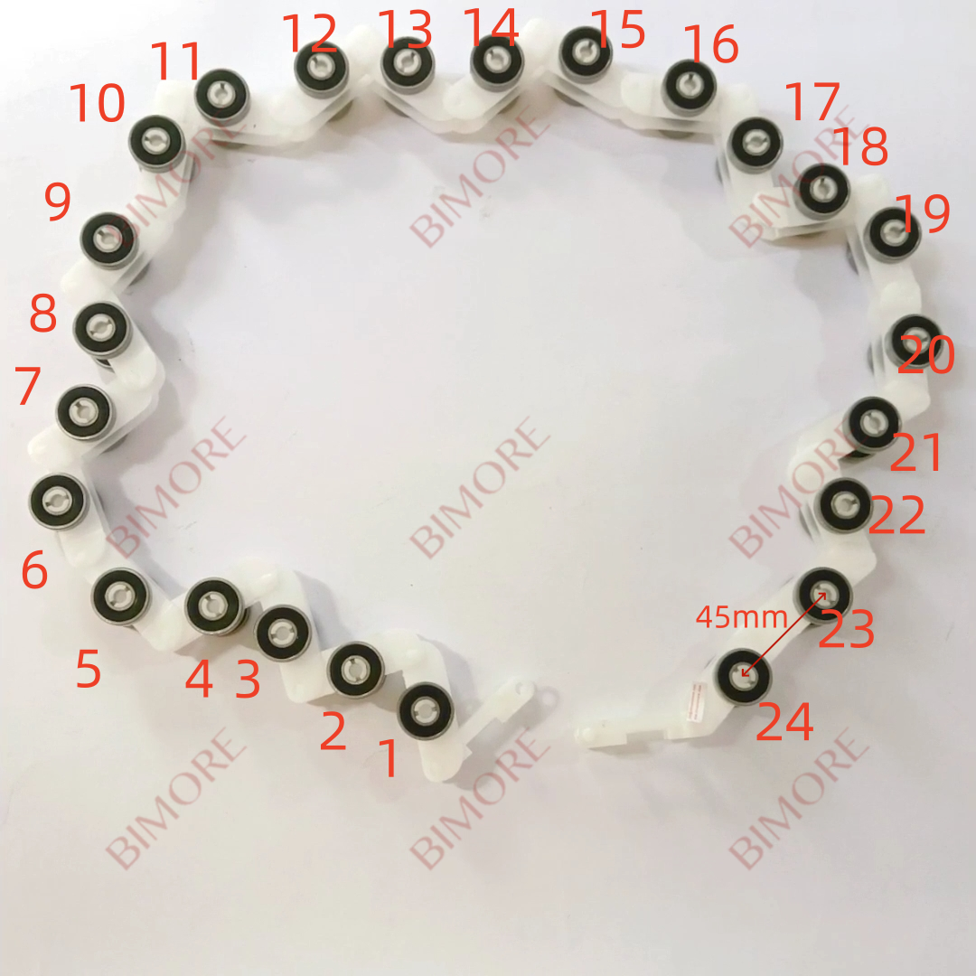 1 unidad/lote KM5232300G06 Cadena de guía de retorno para pasamanos de escalera mecánica, 24 pares de ruedas de rodamiento, 608